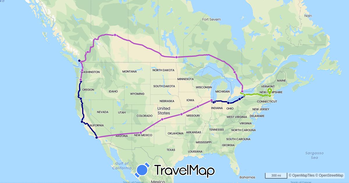 TravelMap itinerary: driving, train, hiking, electric vehicle in Canada, United States (North America)